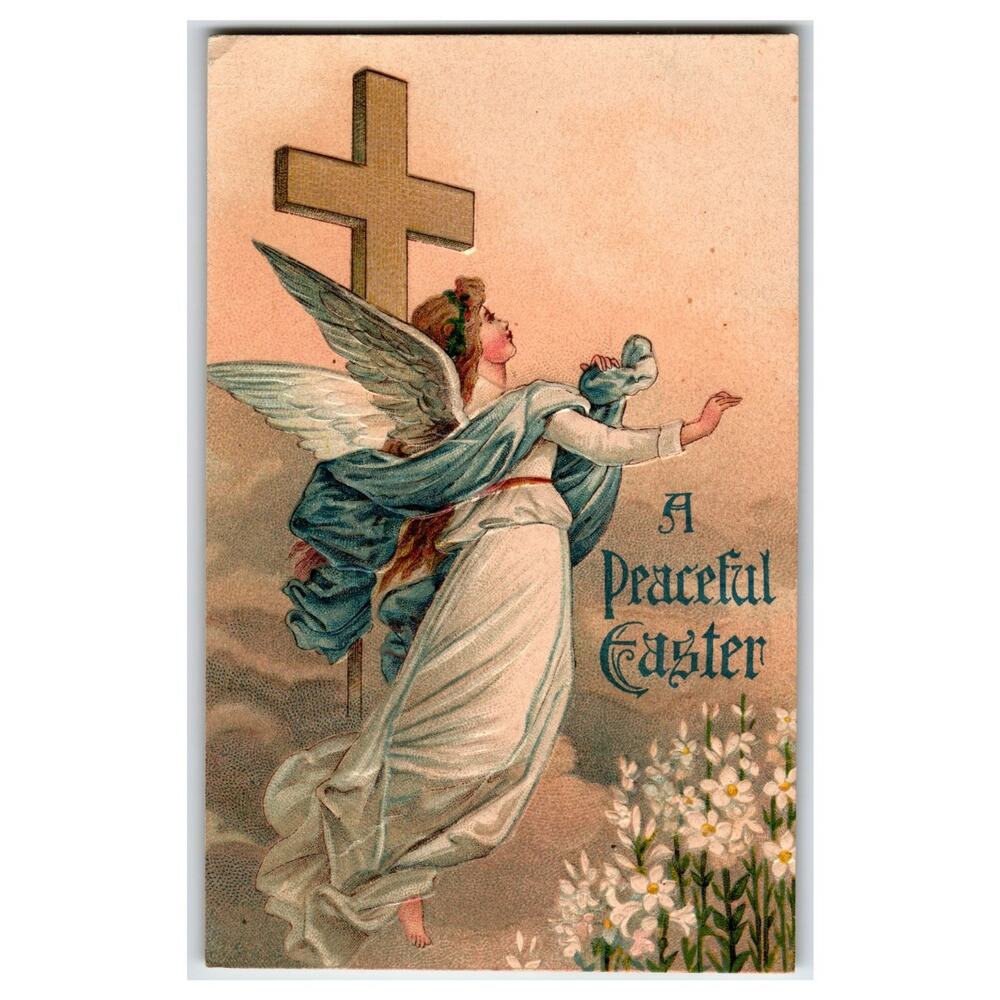 Vintage Embossed Angel & Cross Easter Postcard Made in Germany